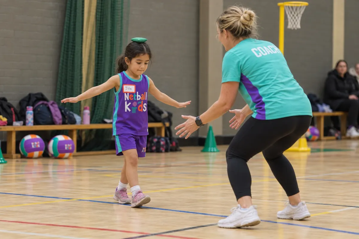 A coach helping a toddler throw a netball