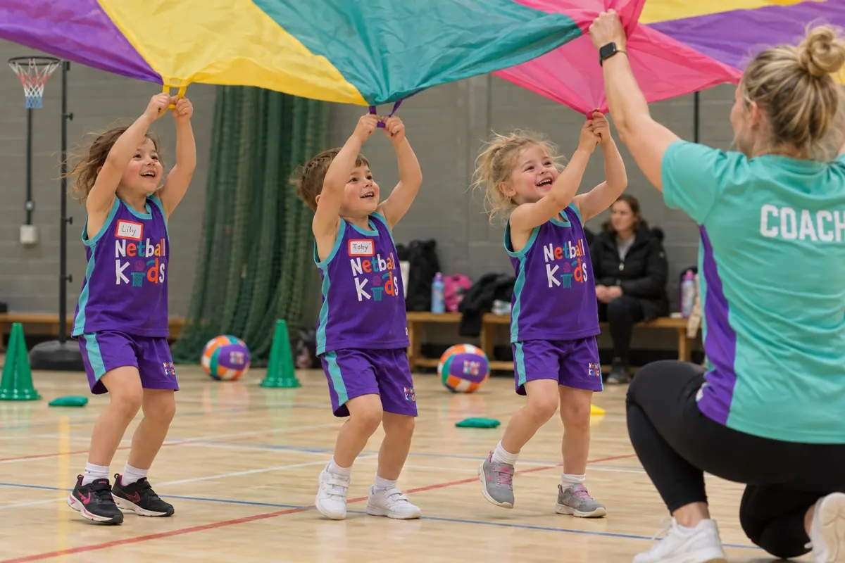 Children playing with a parachute at a party