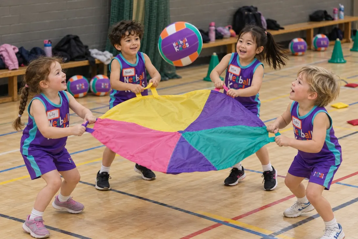 Children running under a colourful parachute