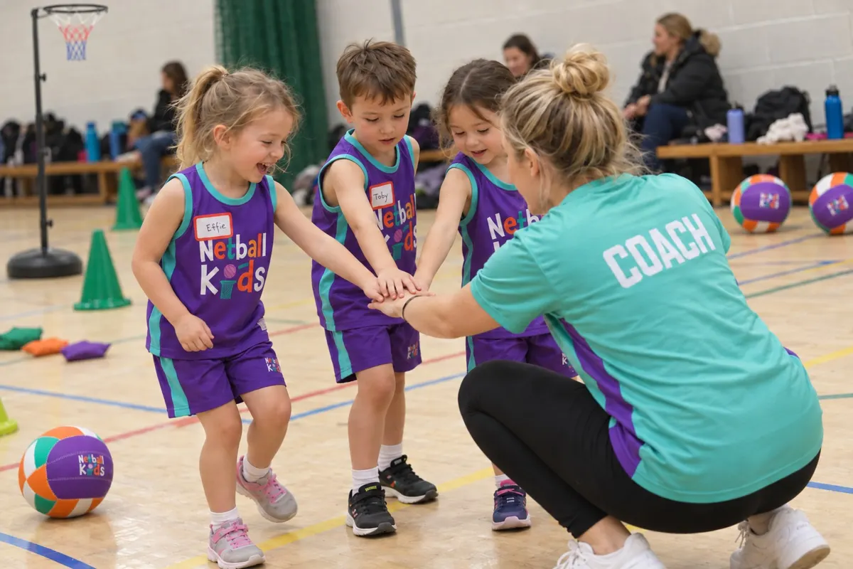 Children holding hands in a circle with their coach