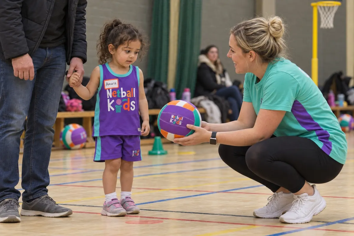 A coach leading a Netball Kids session