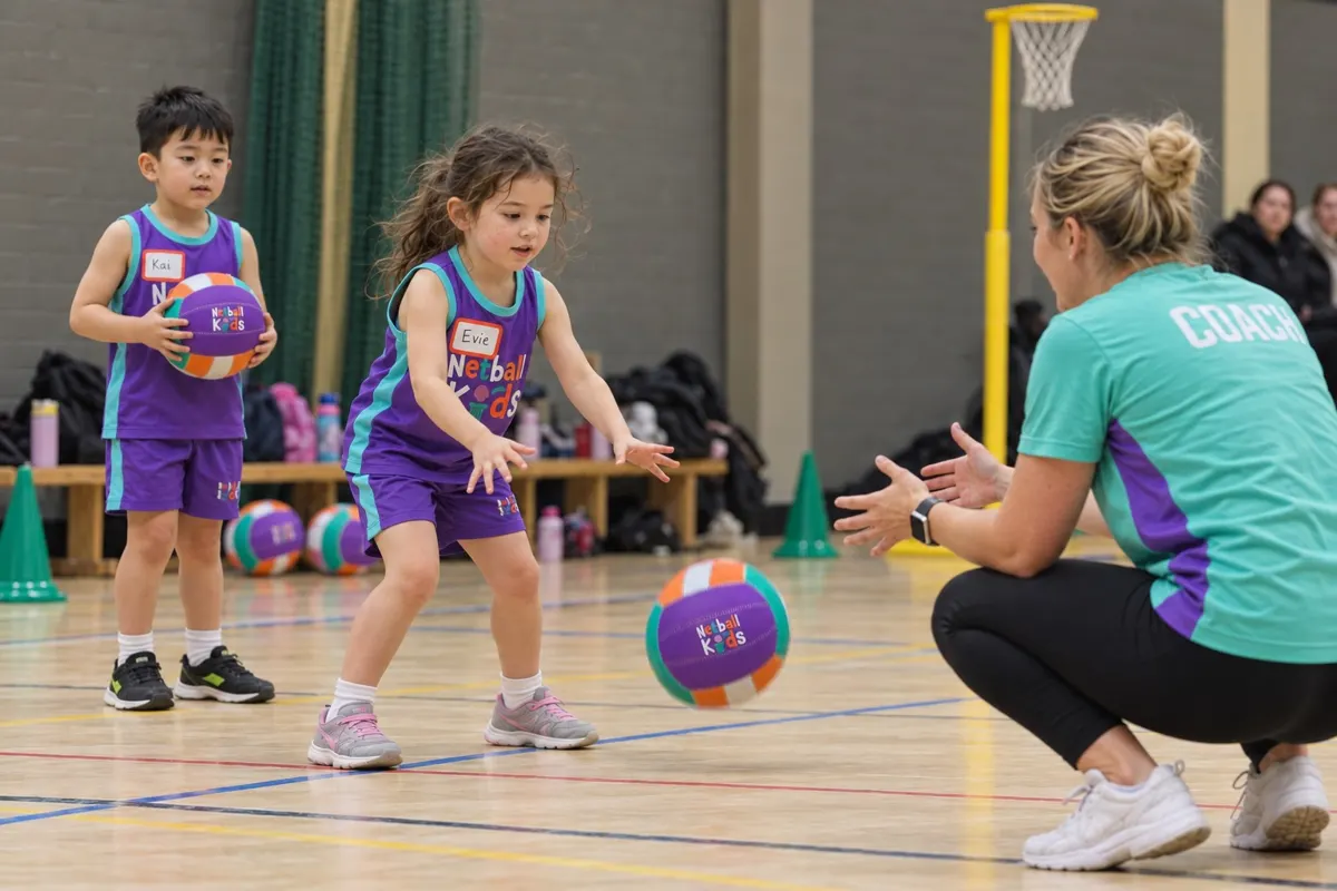 A Netball Kids coach kneeling down to a child