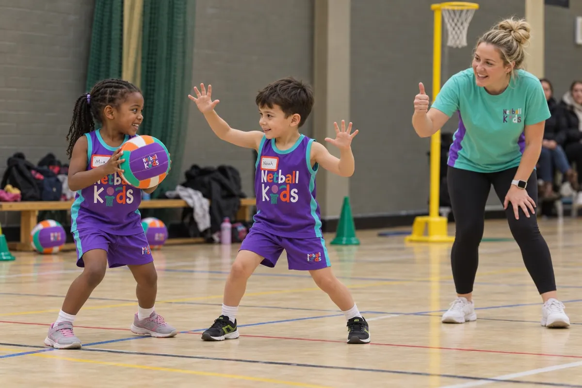 A Netball Kids coach with children in a sports hall
