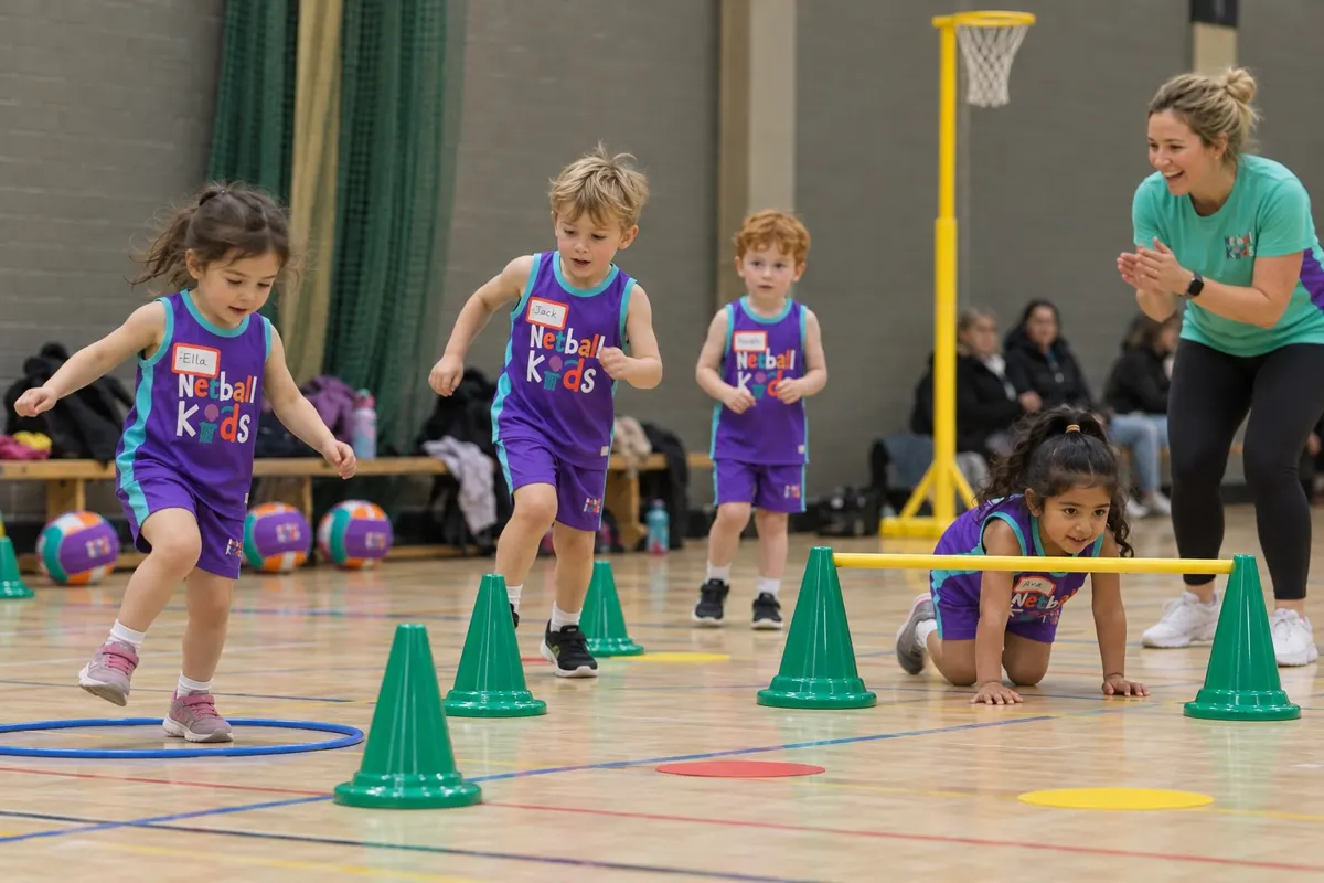 Children running through cones